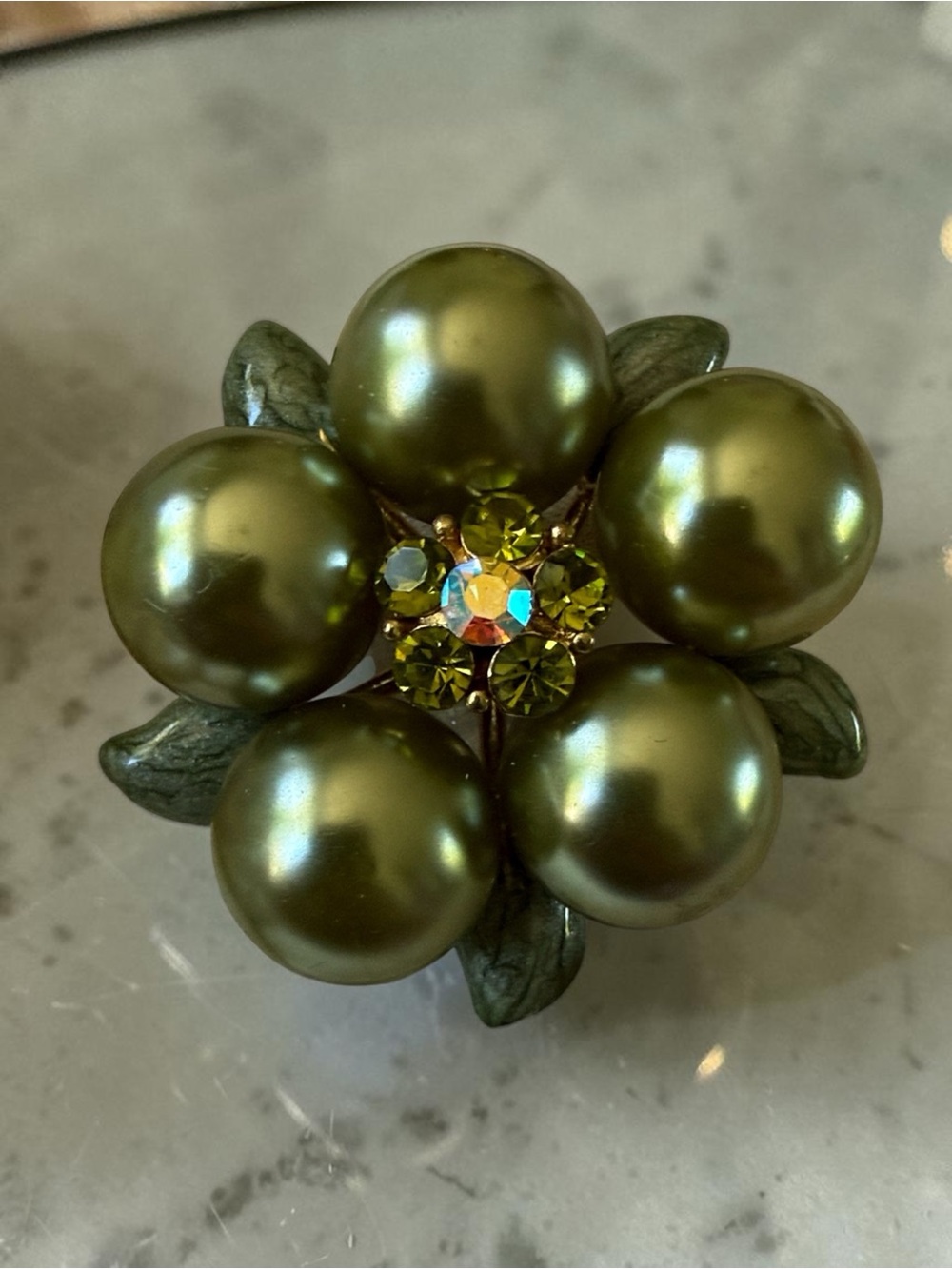 Vintage Faux Pearl & Enamel Floral Brooch • AB & Peridot Rhinestones - Picture 4 of 11